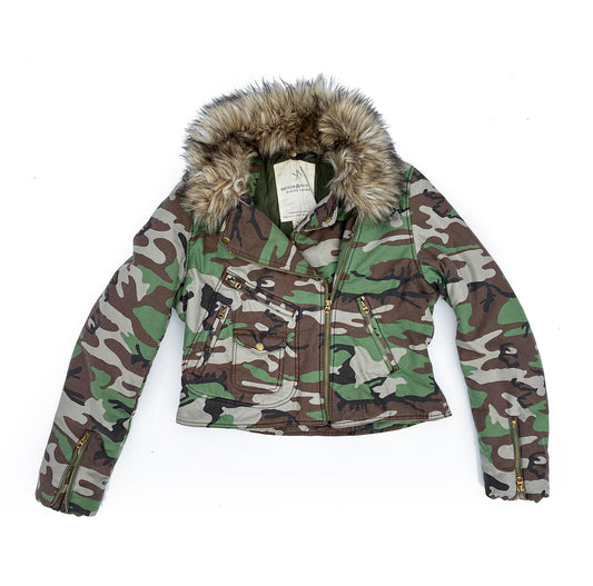 Polo Ralph Lauren Camo Motorcycle Fur Collar Crop Jacket Womens XL