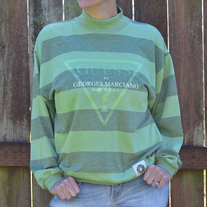 Guess Jeans Inspired 90s Bootleg Striped Crew Sweatshirt Glow-In-Dark NEW