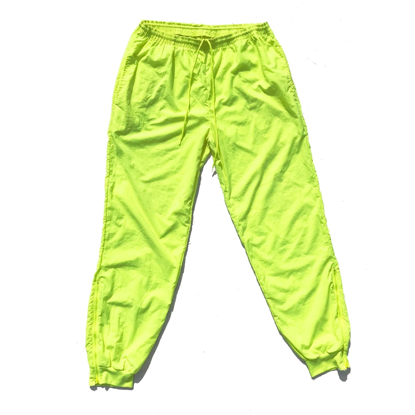 90's Neon Volt Matte-Nylon Cuffed Windbreaker Pants, Size Large