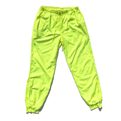 90's Neon Volt Matte-Nylon Cuffed Windbreaker Pants, Size Large