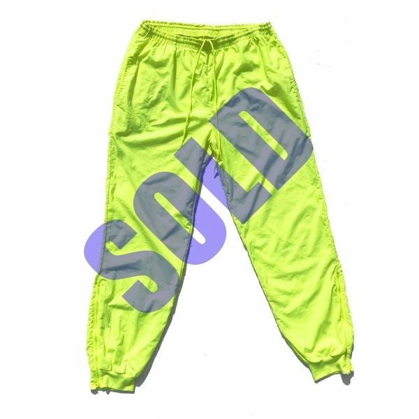 90's Neon Volt Matte-Nylon Cuffed Windbreaker Pants, Size Large