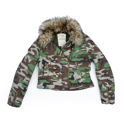 Polo Ralph Lauren Camo Motorcycle Fur Collar Crop Jacket Womens XL