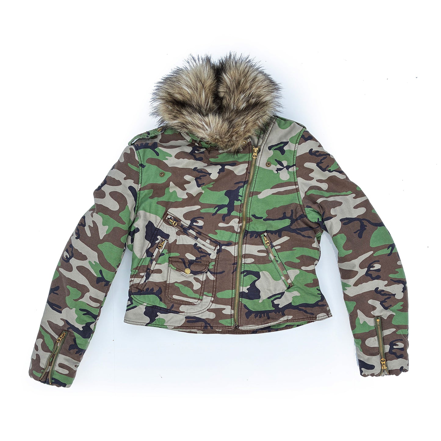 Polo Ralph Lauren Camo Motorcycle Fur Collar Crop Jacket Womens XL