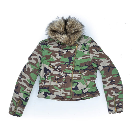 Polo Ralph Lauren Camo Motorcycle Fur Collar Crop Jacket Womens XL